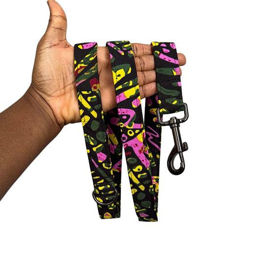 ABIKE black, pink and yellow African print dog lead by Bhooki, handmade in the UK