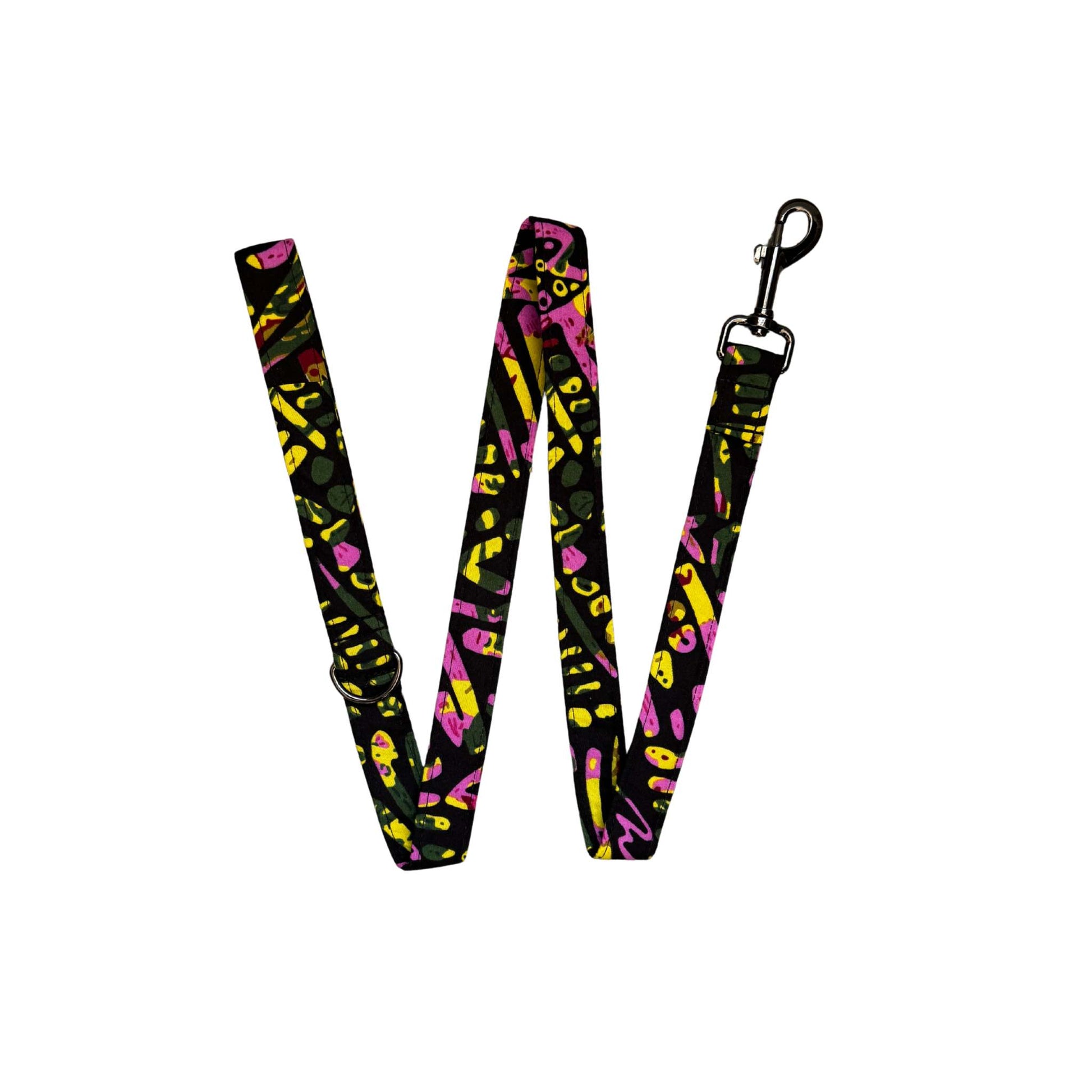 ABIKE black, pink and yellow African print dog lead by Bhooki, handmade in the UK