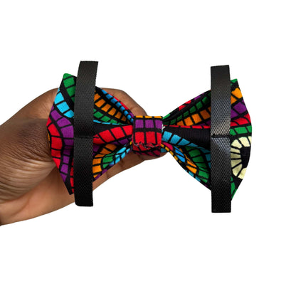 ADURA rainbow geometric African print dog and cat bow tie by Bhooki, handmade in the UK