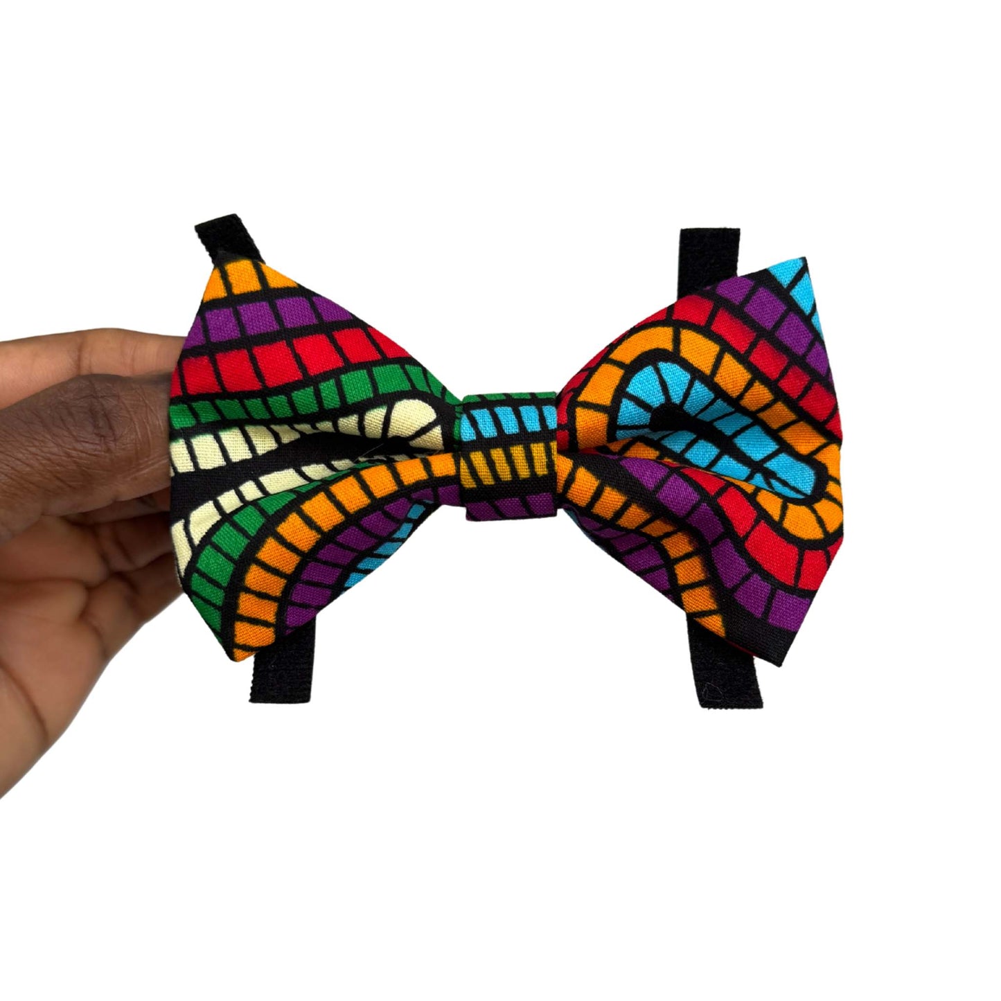 ADURA rainbow geometric African print dog and cat bow tie by Bhooki, handmade in the UK