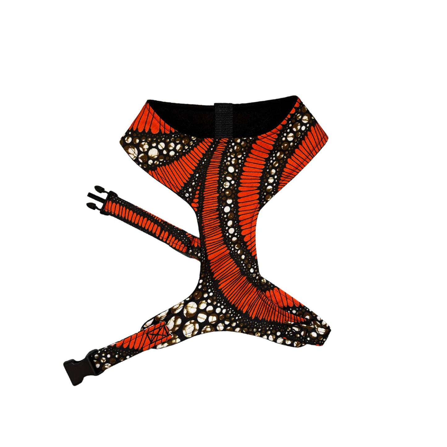AJIRI black and orange butterfly wing African print dog harness by Bhooki, handmade in the UK