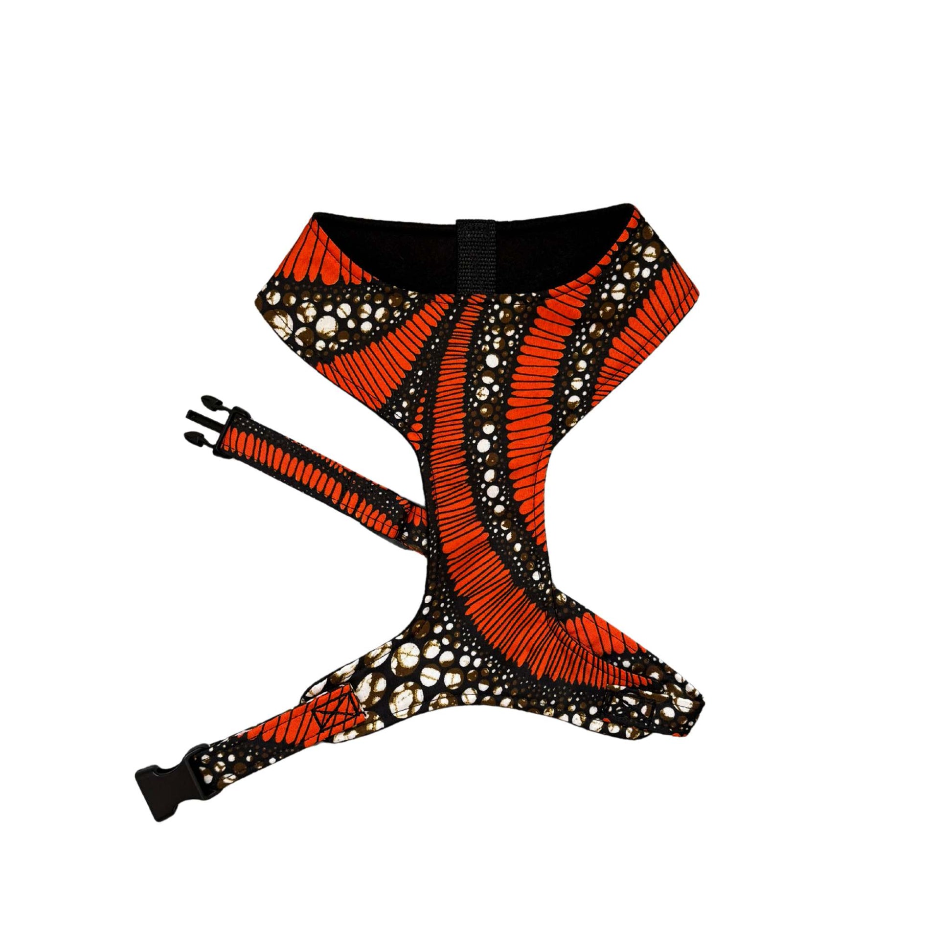 AJIRI black and orange butterfly wing African print dog harness by Bhooki, handmade in the UK