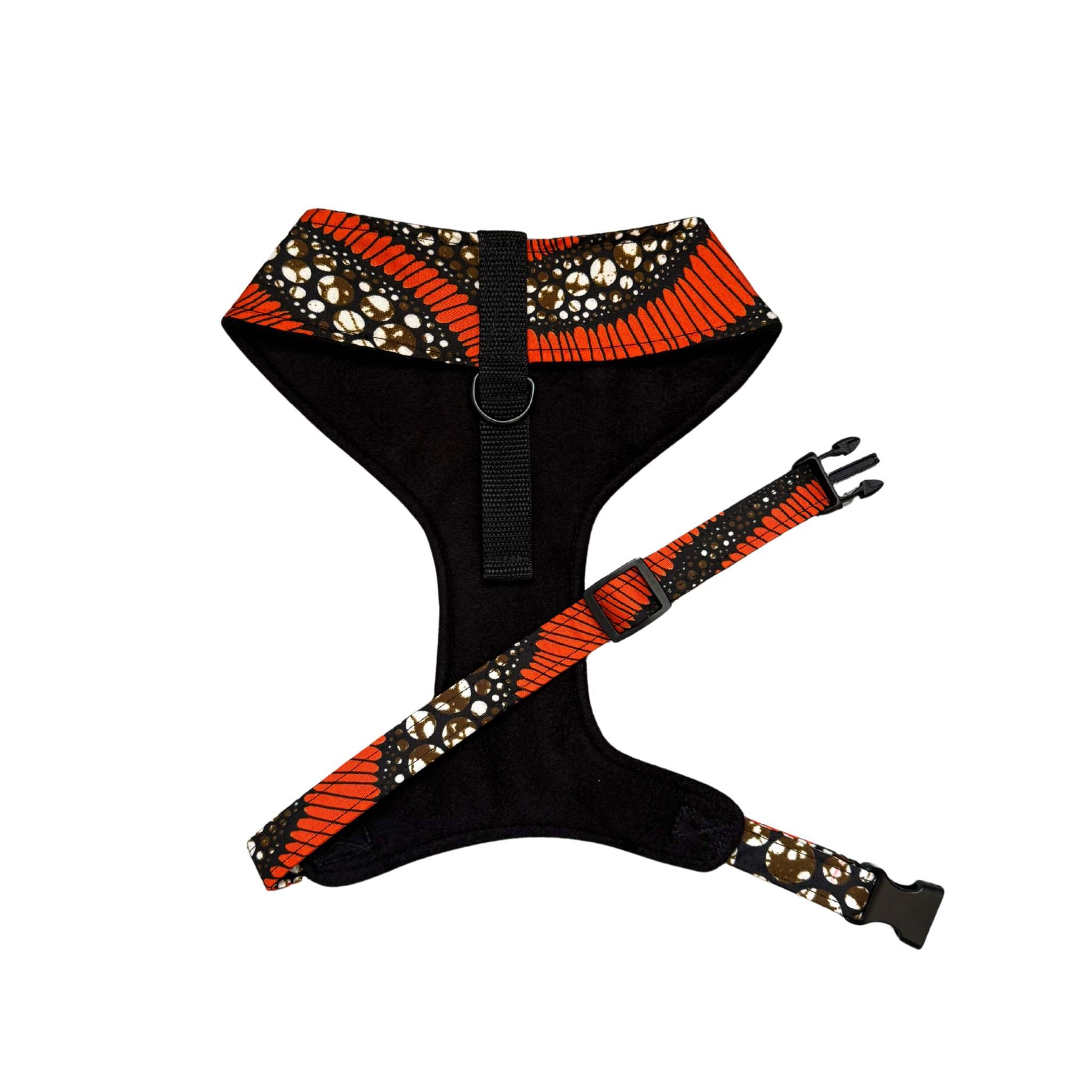 AJIRI black and orange butterfly wing African print dog harness by Bhooki, handmade in the UK