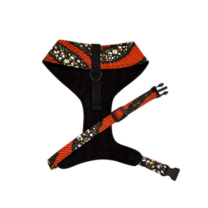 AJIRI black and orange butterfly wing African print dog harness by Bhooki, handmade in the UK