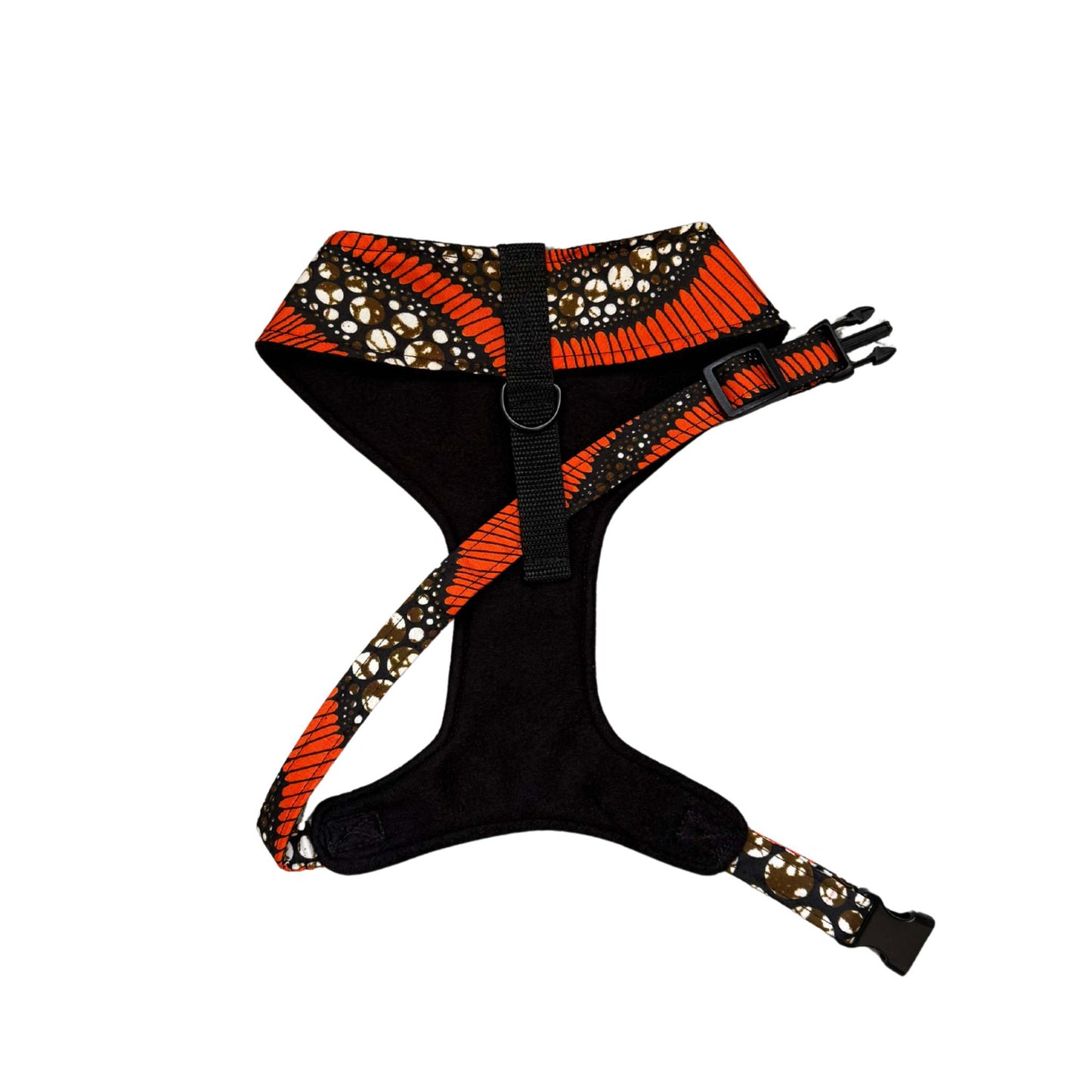 AJIRI black and orange butterfly wing African print dog harness by Bhooki, handmade in the UK
