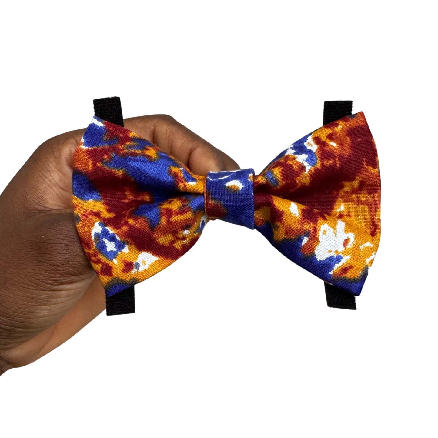 DEJA orange and navy tie-dye African print dog and cat bow tie by Bhooki, handmade in the UK