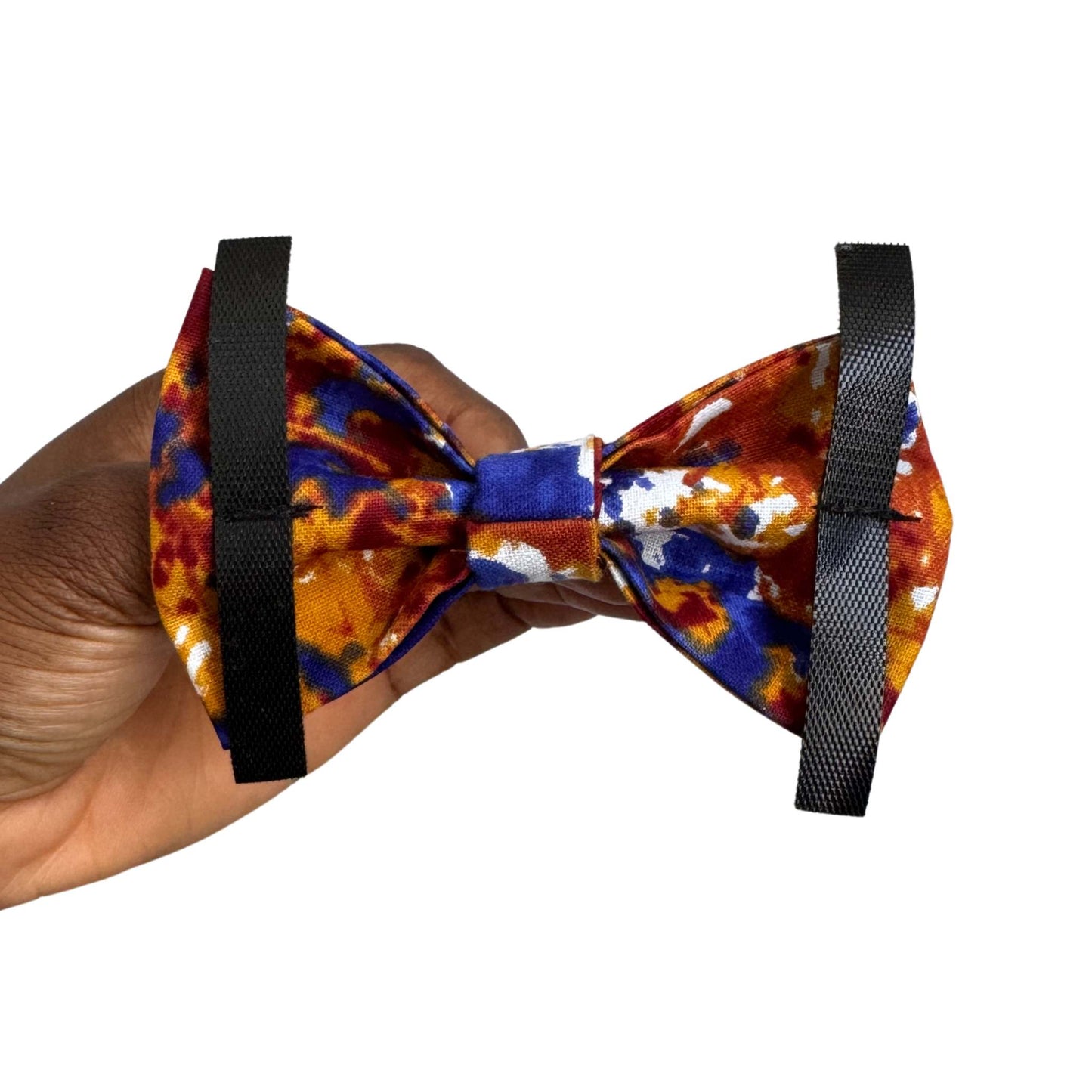 DEJA orange and navy tie-dye African print dog and cat bow tie by Bhooki, handmade in the UK