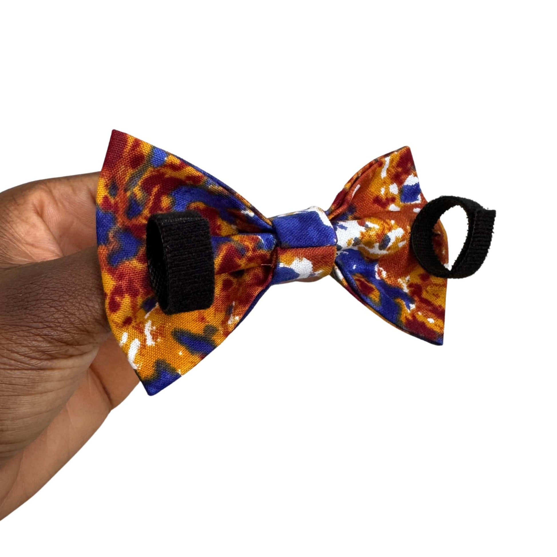 DEJA orange and navy tie-dye African print dog and cat bow tie by Bhooki, handmade in the UK