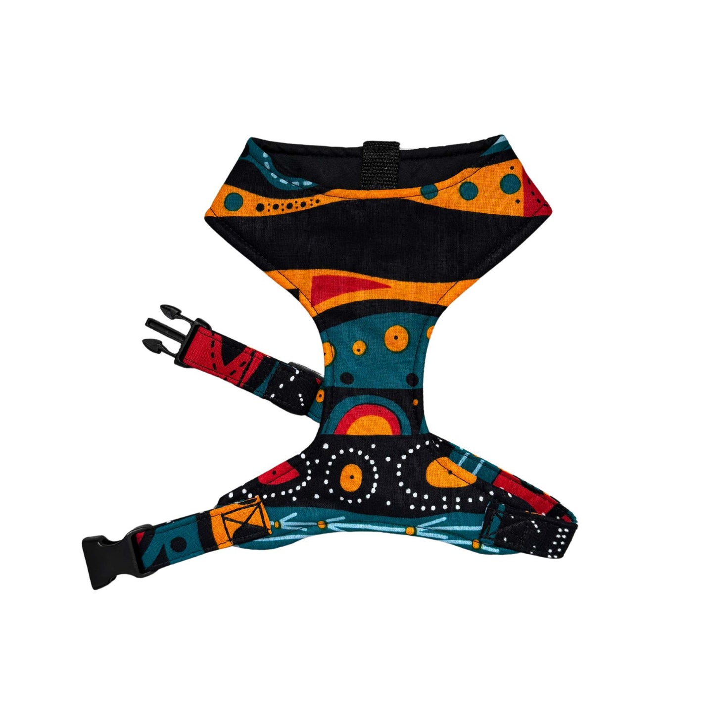 FENWA multicolour tribal African print dog harness by Bhooki, handmade in the UK