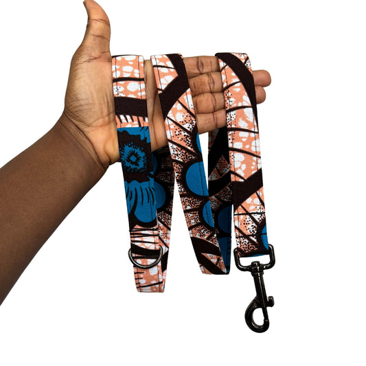 FIYIN peach and blue floral African print dog lead by Bhooki, handmade in the UK