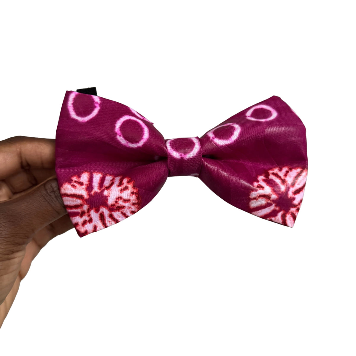 FOLA magenta and white circular tie-dye bow tie by Bhooki, handmade in the UK