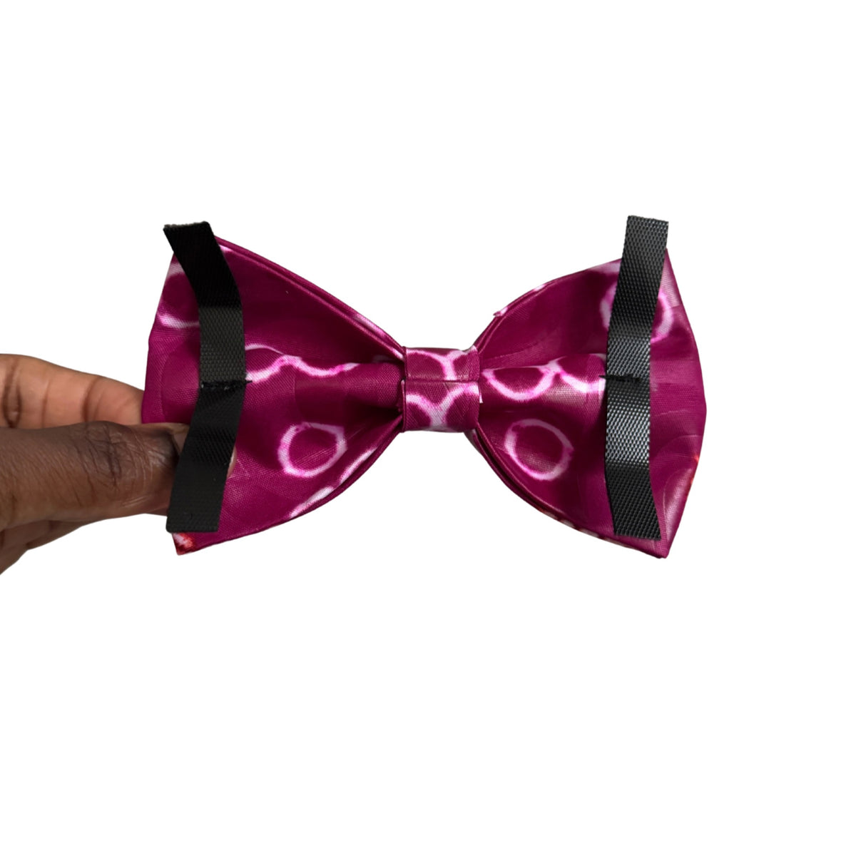 FOLA magenta and white circular tie-dye bow tie by Bhooki, handmade in the UK