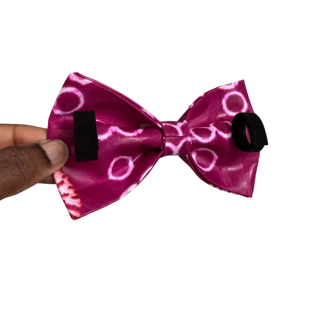 FOLA magenta and white circular tie-dye bow tie by Bhooki, handmade in the UK