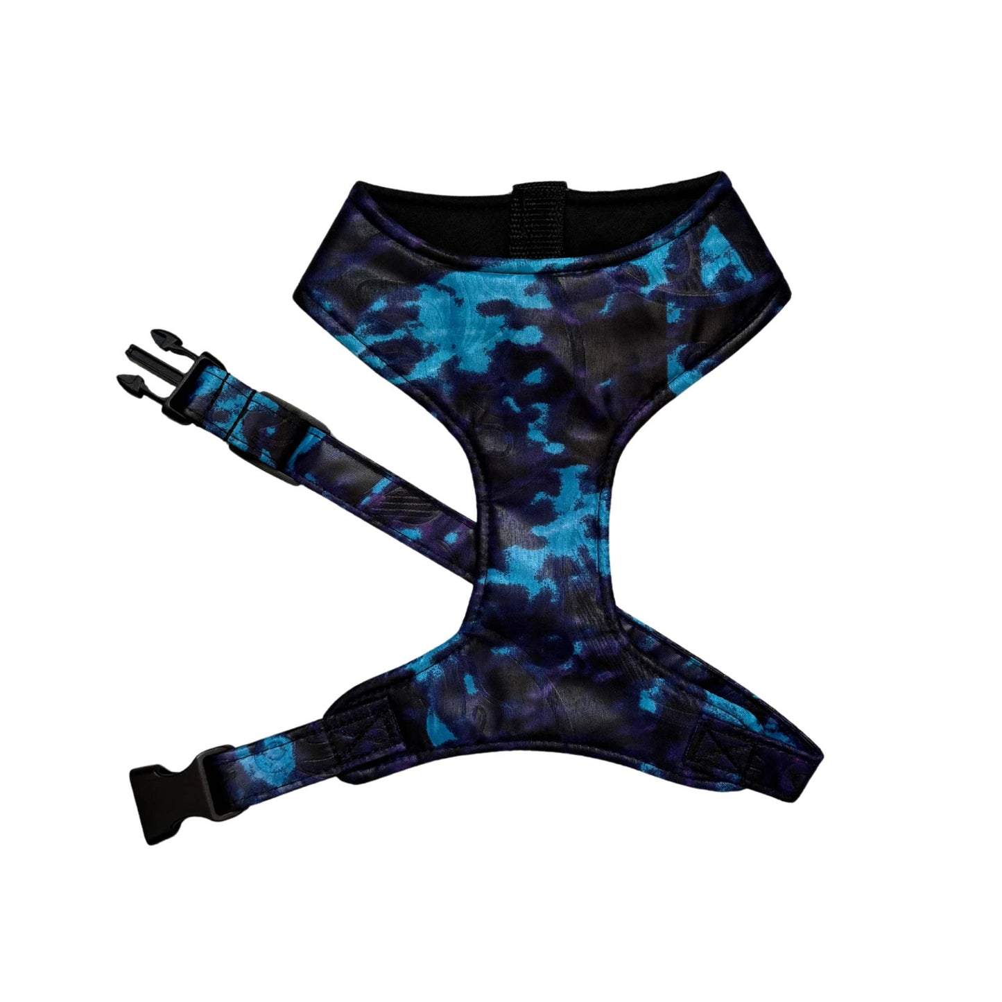 IMADE blue and purple tie-dye African print dog harness by Bhooki, handmade in the UK