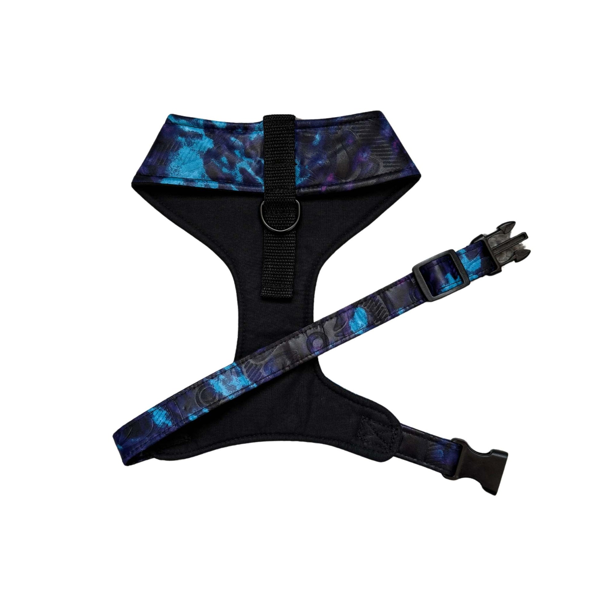 IMADE blue and purple tie-dye African print dog harness by Bhooki, handmade in the UK