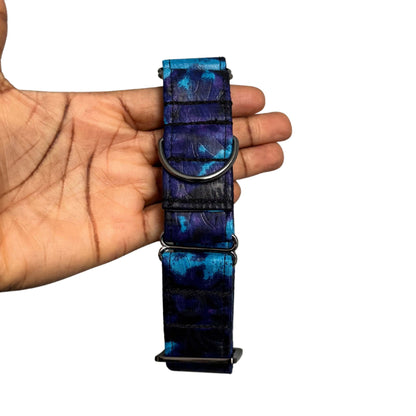 IMADE blue and purple tie-dye African print martingale dog collar by Bhooki, handmade in the UK