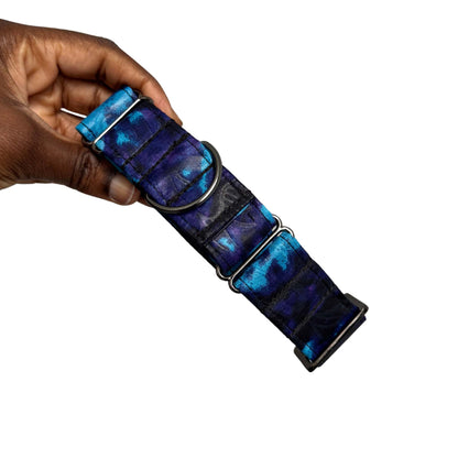IMADE blue and purple tie-dye African print martingale dog collar by Bhooki, handmade in the UK