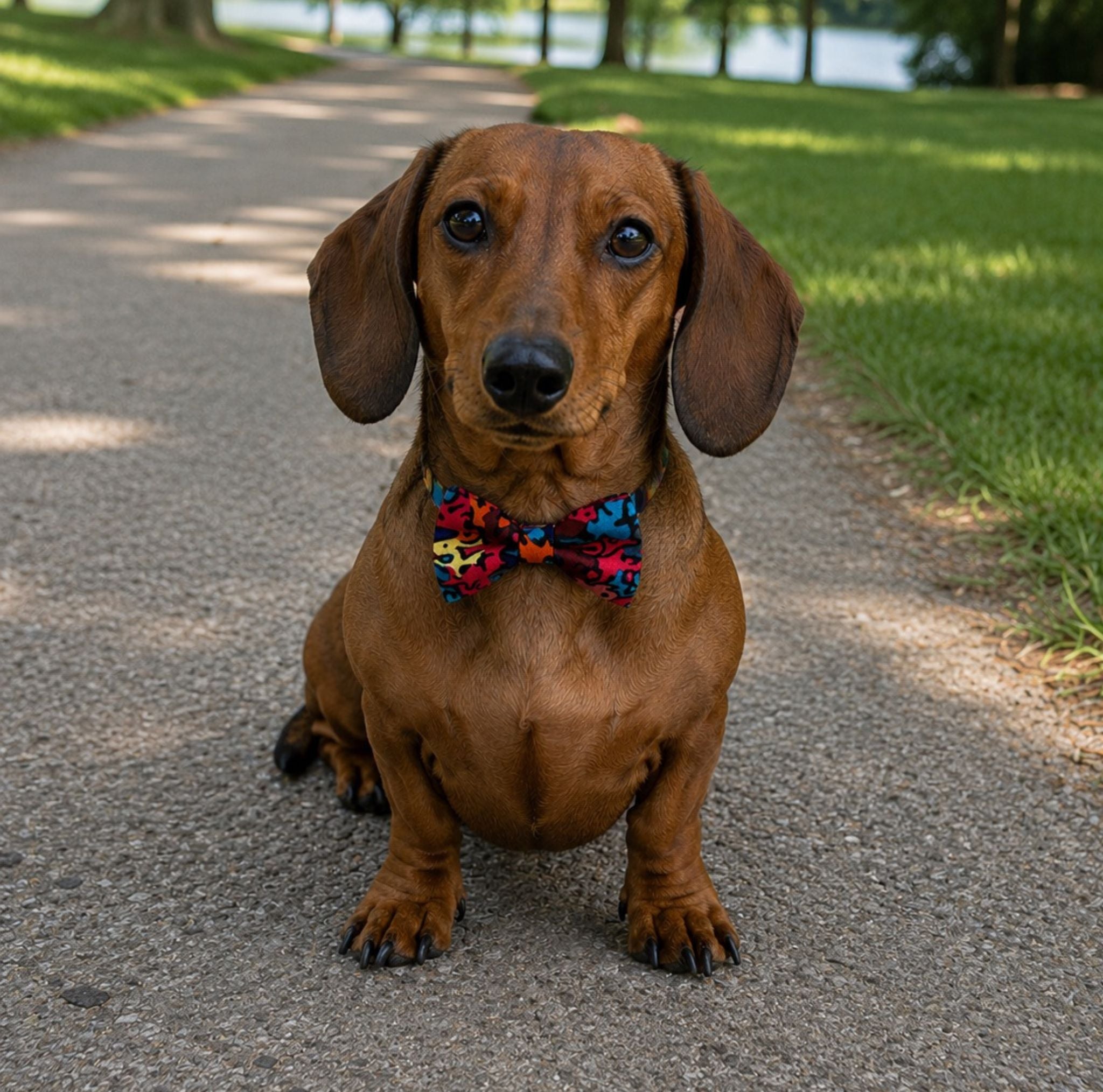 Brown dachshund wearing a colorful bow tie sitting on a path in a park.