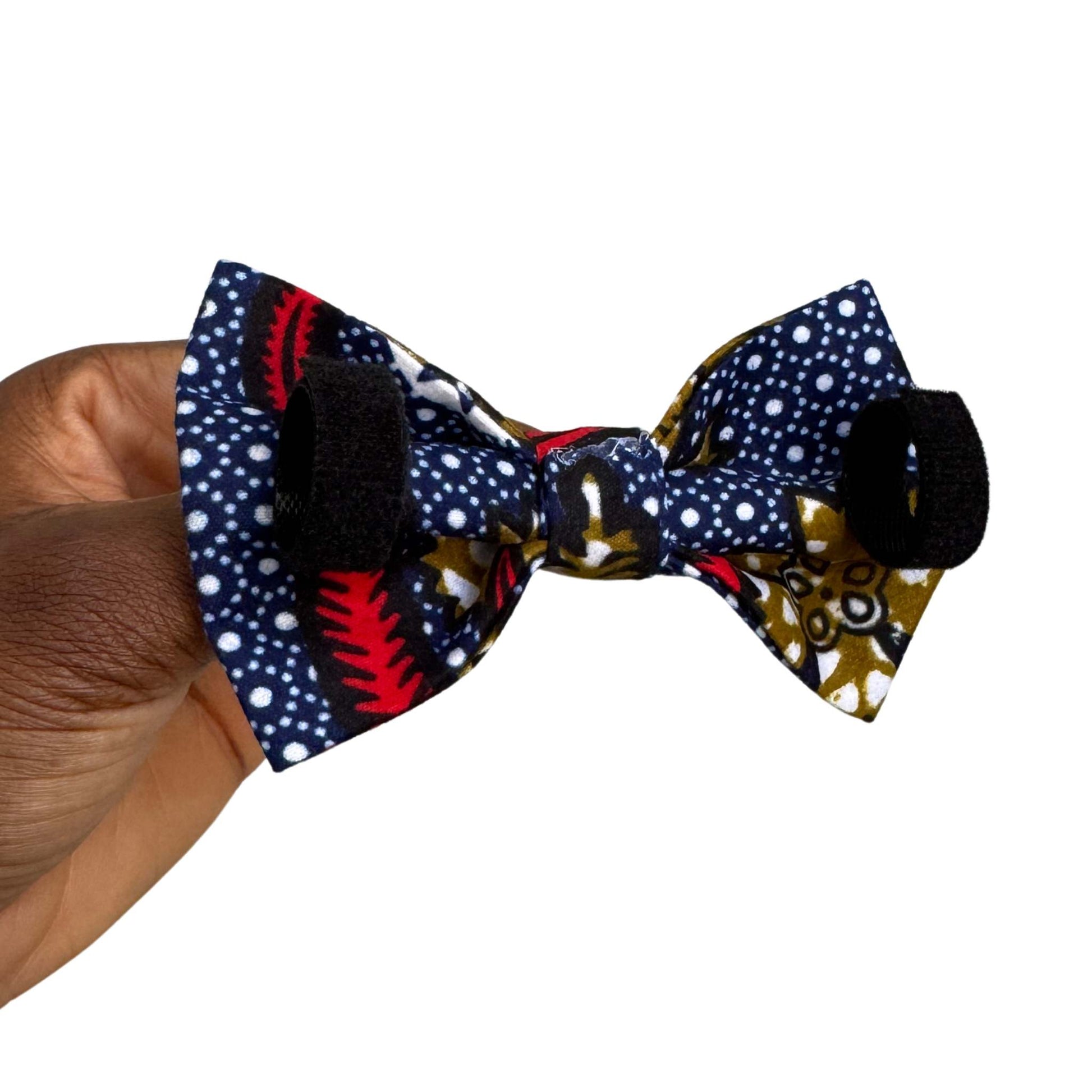 KIKI blue and red polka dot African print dog and cat bow tie by Bhooki, handmade in the UK
