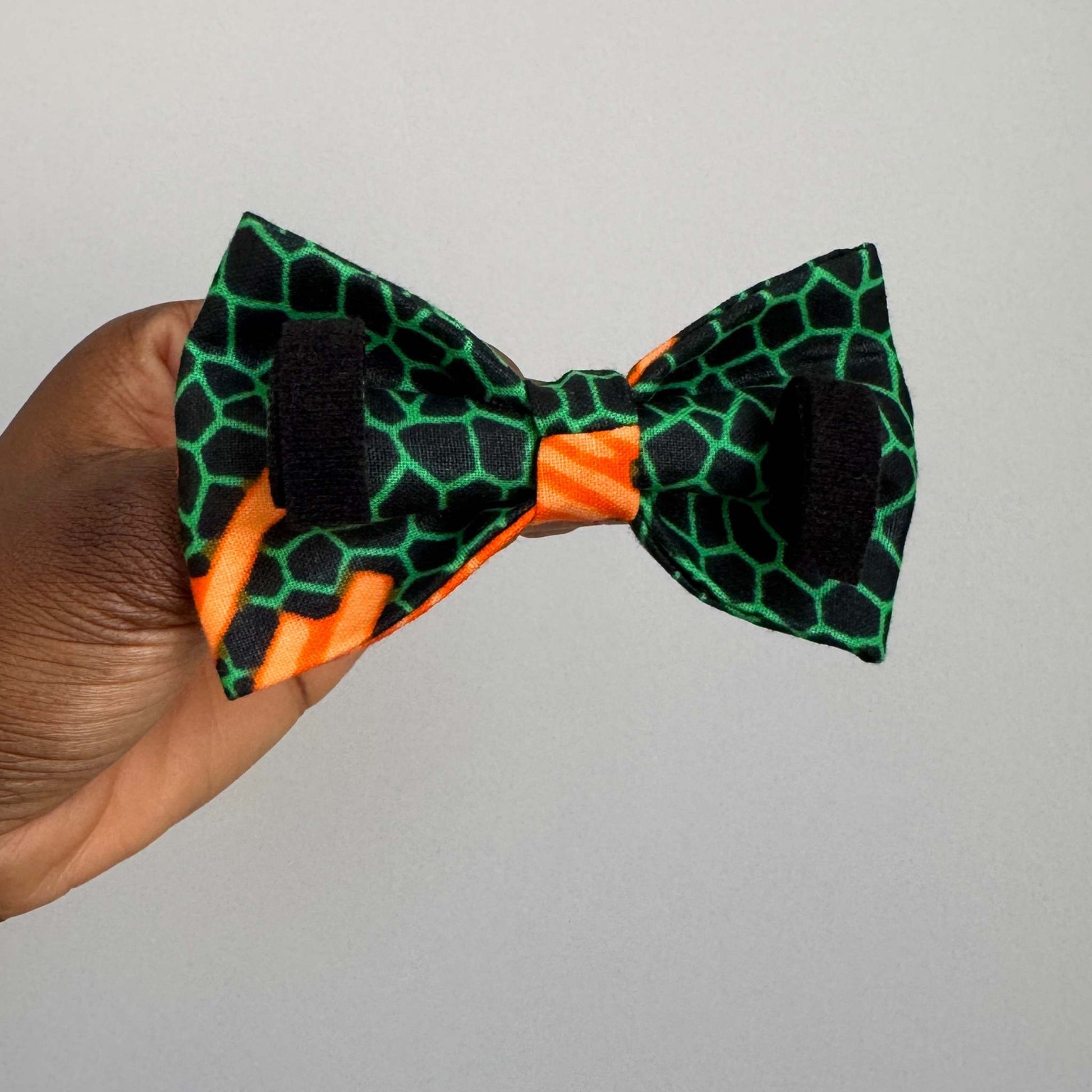 KINFE green and orange geometric African print dog and cat bow tie by Bhooki, handmade in the UK