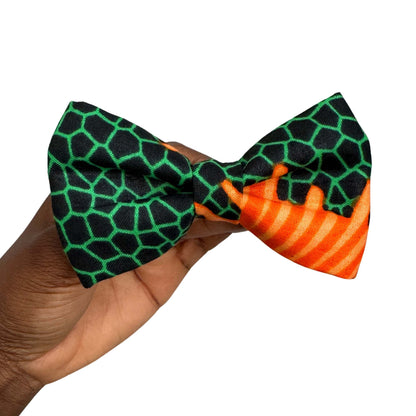 KINFE green and orange geometric African print dog and cat bow tie by Bhooki, handmade in the UK