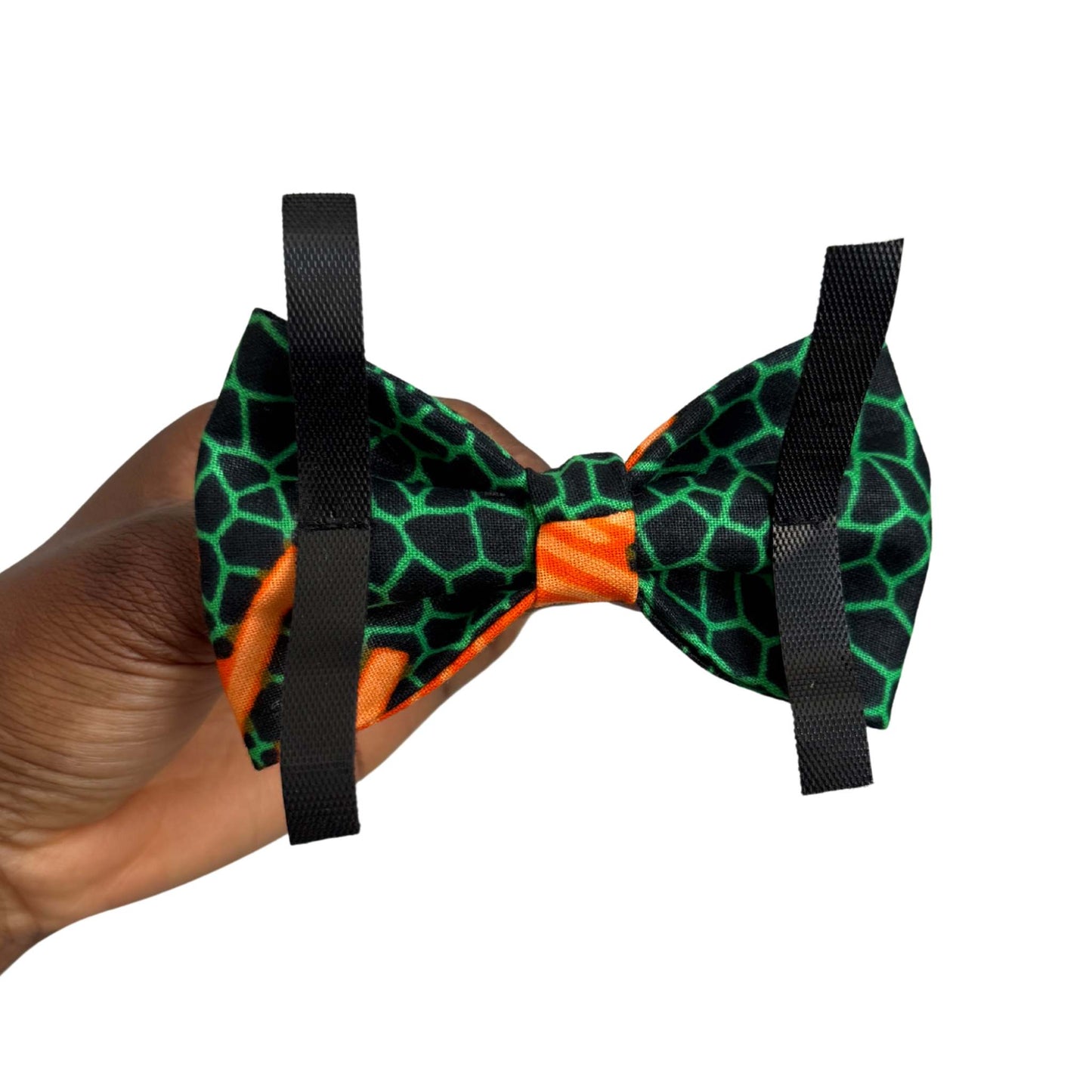 KINFE green and orange geometric African print dog and cat bow tie by Bhooki, handmade in the UK