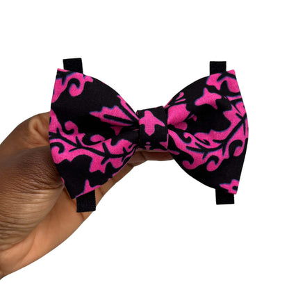 MOJI pink and black floral African print dog and cat bow tie by Bhooki, handmade in the UK