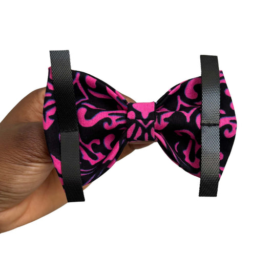 MOJI pink and black floral African print dog and cat bow tie by Bhooki, handmade in the UK