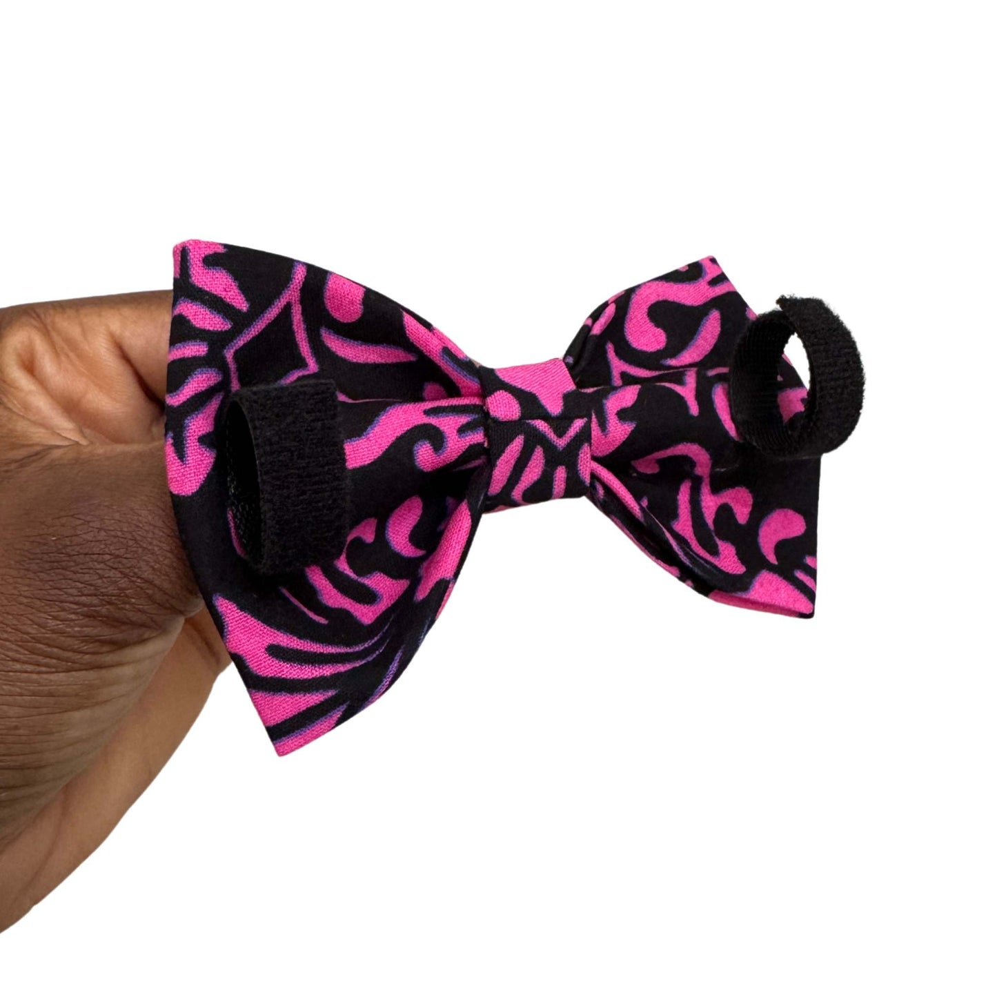 MOJI pink and black floral African print dog and cat bow tie by Bhooki, handmade in the UK