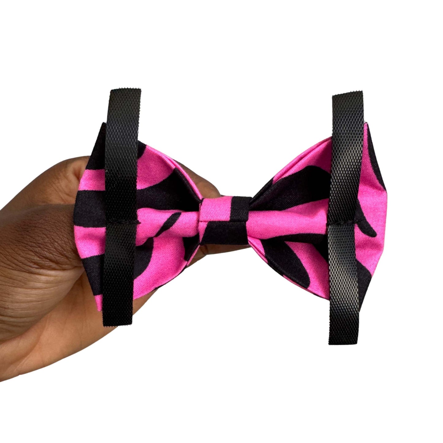 MOYIN pink and black striped African print dog and cat bow tie by Bhooki, handmade in the UK