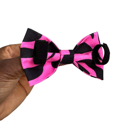 MOYIN pink and black striped African print dog and cat bow tie by Bhooki, handmade in the UK
