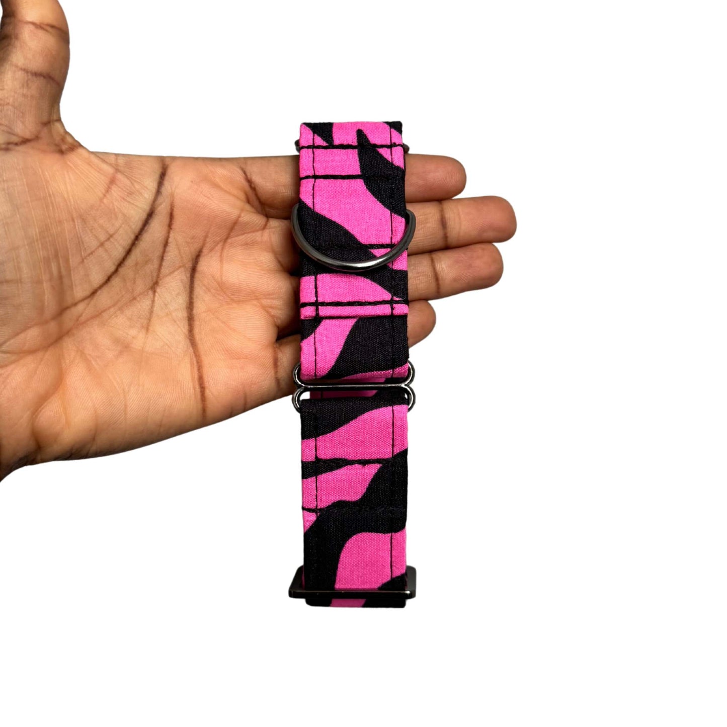 MOYIN pink and black swirl African print martingale dog collar by Bhooki, handmade in the UK