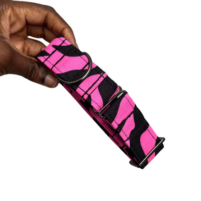 MOYIN pink and black swirl African print martingale dog collar by Bhooki, handmade in the UK