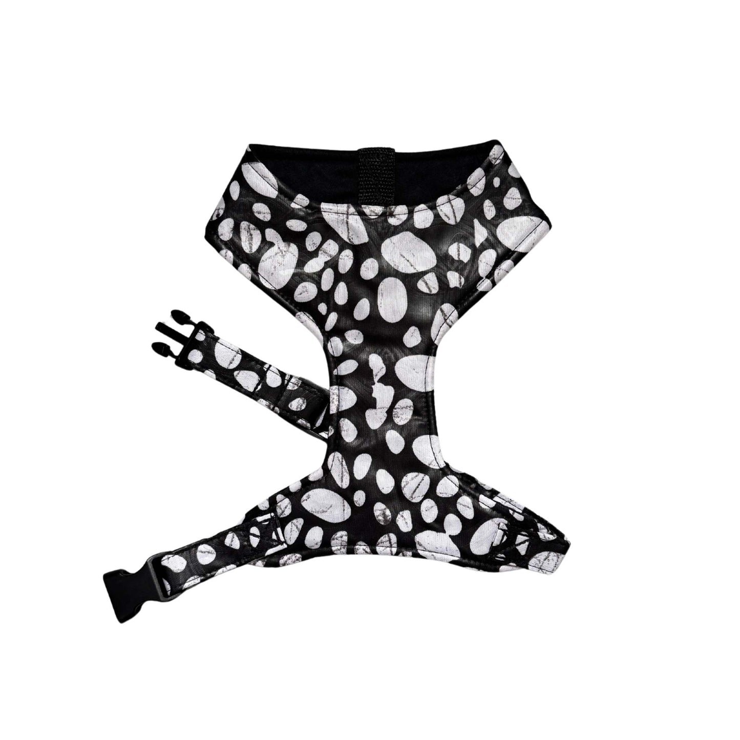 NAZOR black and white polka dot African print dog harness by Bhooki, handmade in the UK