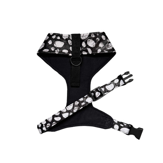 NAZOR black and white polka dot African print dog harness by Bhooki, handmade in the UK