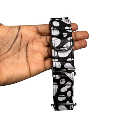 NAZOR black and white polka dot African print martingale dog collar by Bhooki, handmade in the UK
