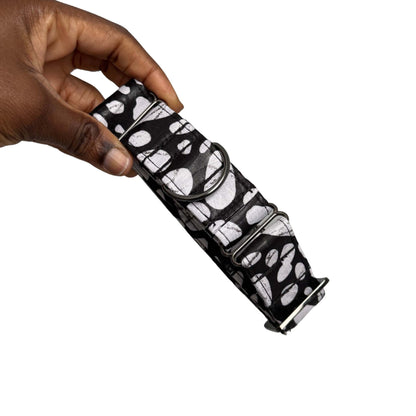 NAZOR black and white polka dot African print martingale dog collar by Bhooki, handmade in the UK