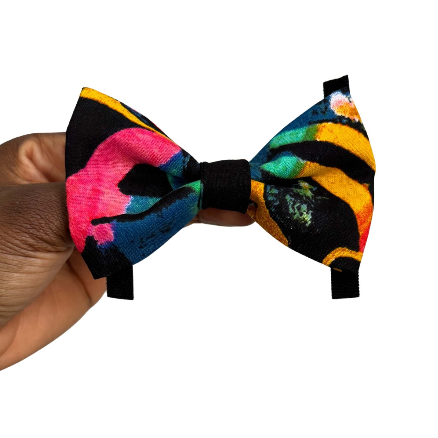 OVIE black multicolour splatter African print dog and cat bow tie by Bhooki, handmade in the UK
