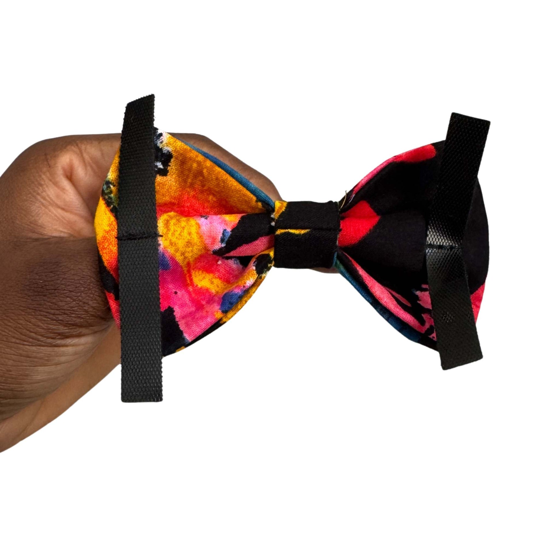 OVIE black multicolour splatter African print dog and cat bow tie by Bhooki, handmade in the UK