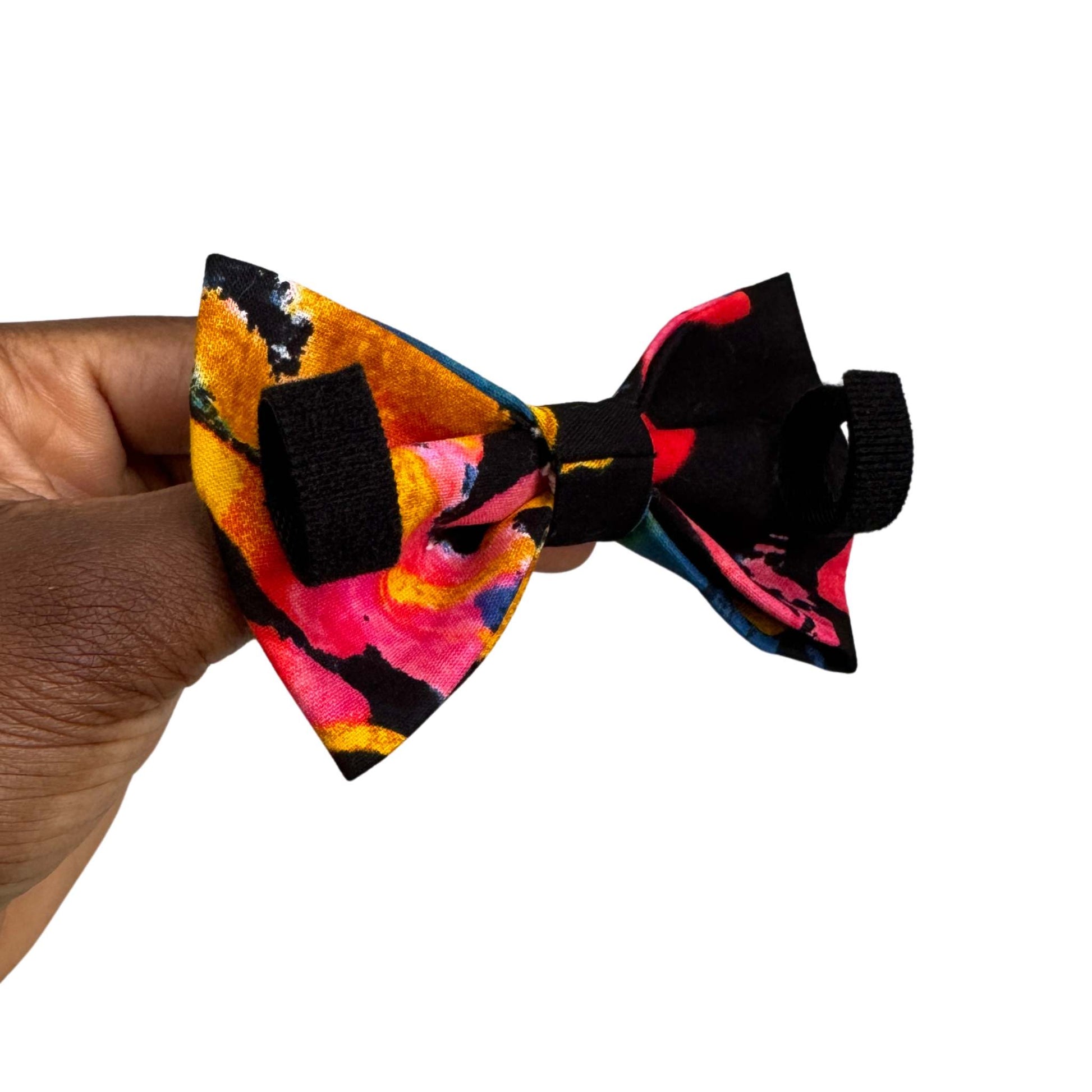 OVIE black multicolour splatter African print dog and cat bow tie by Bhooki, handmade in the UK