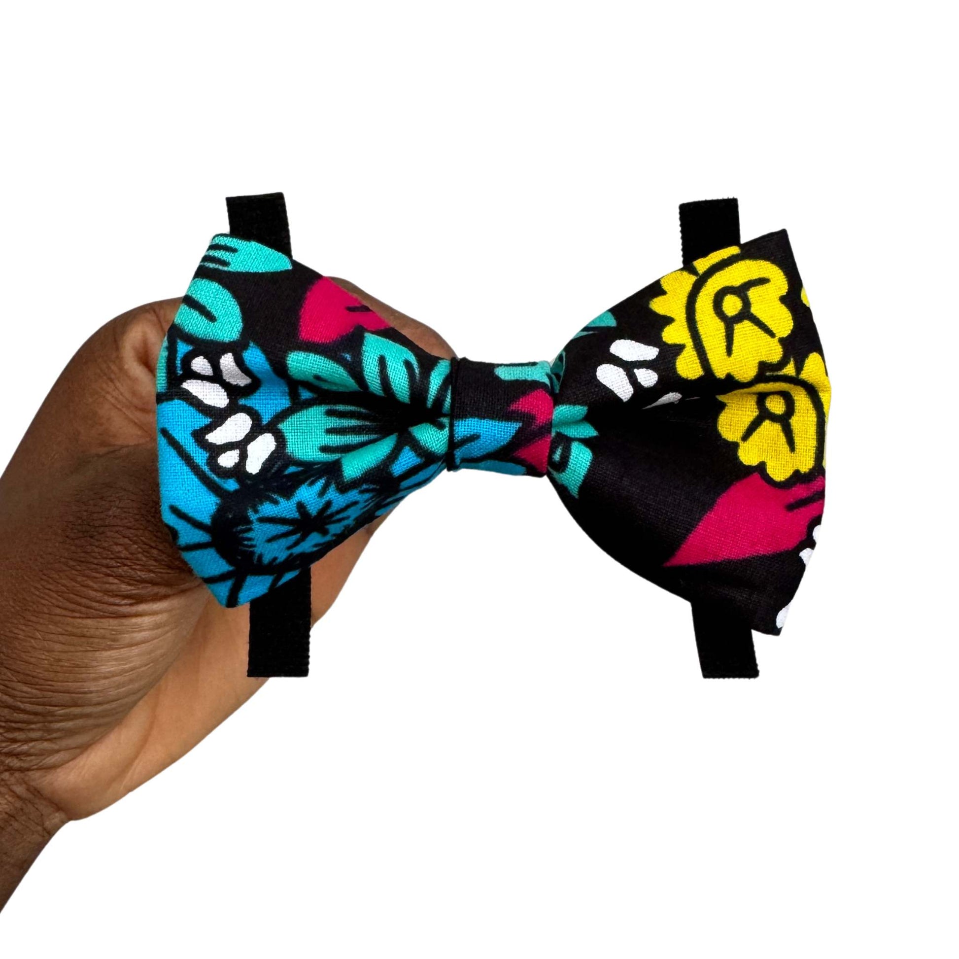 SADA black and pink floral African print dog and cat bow tie by Bhooki, handmade in the UK