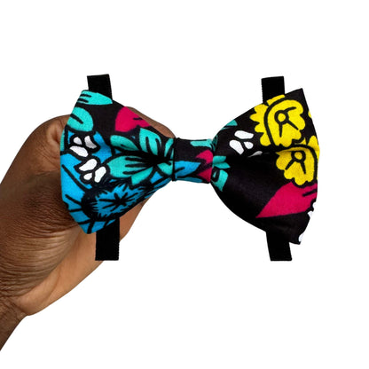 SADA black and pink floral African print dog and cat bow tie by Bhooki, handmade in the UK