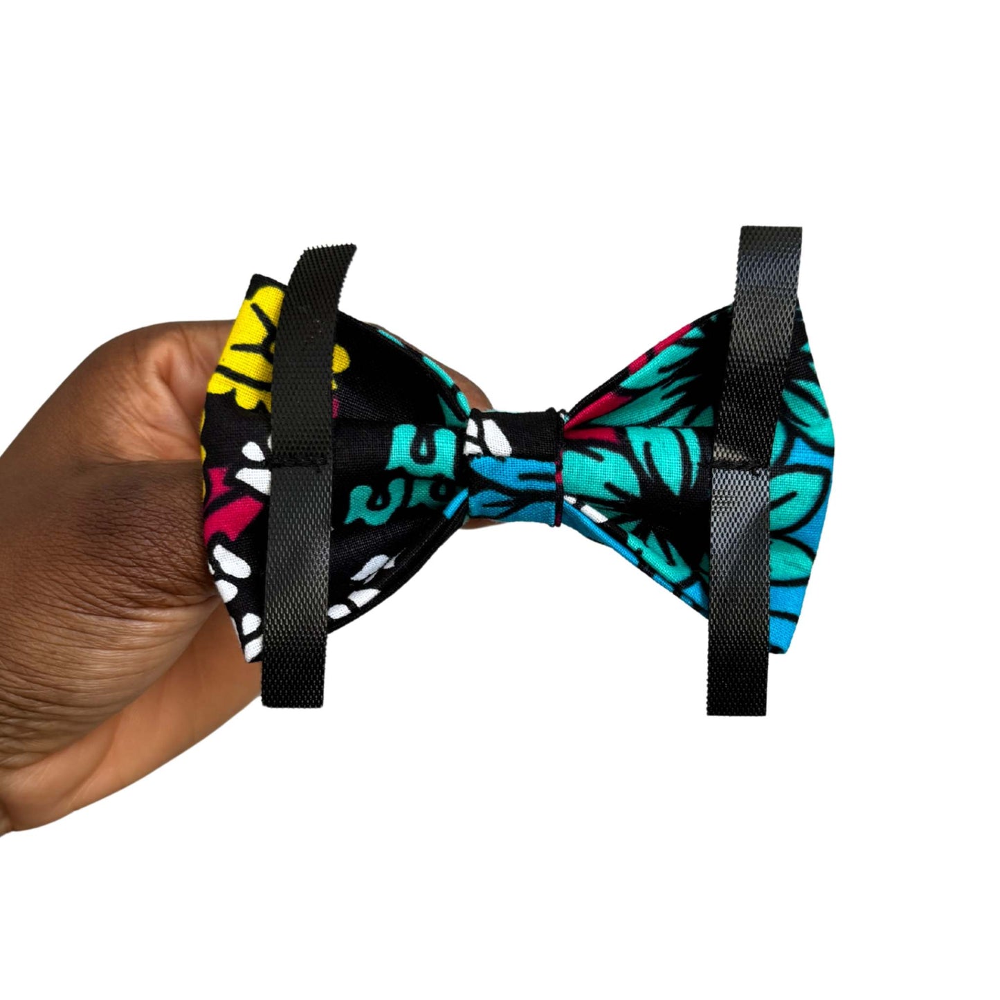 SADA black and pink floral African print dog and cat bow tie by Bhooki, handmade in the UK