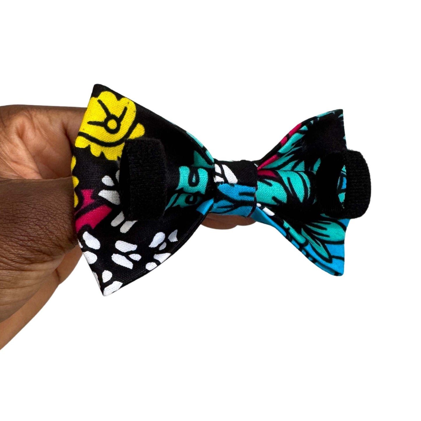 SADA black and pink floral African print dog and cat bow tie by Bhooki, handmade in the UK