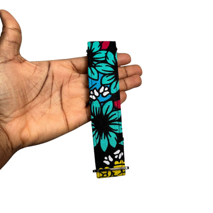 SADA black, teal, blue, fuchsia, white and yellow floral African print martingale dog collar by Bhooki, handmade in the UK