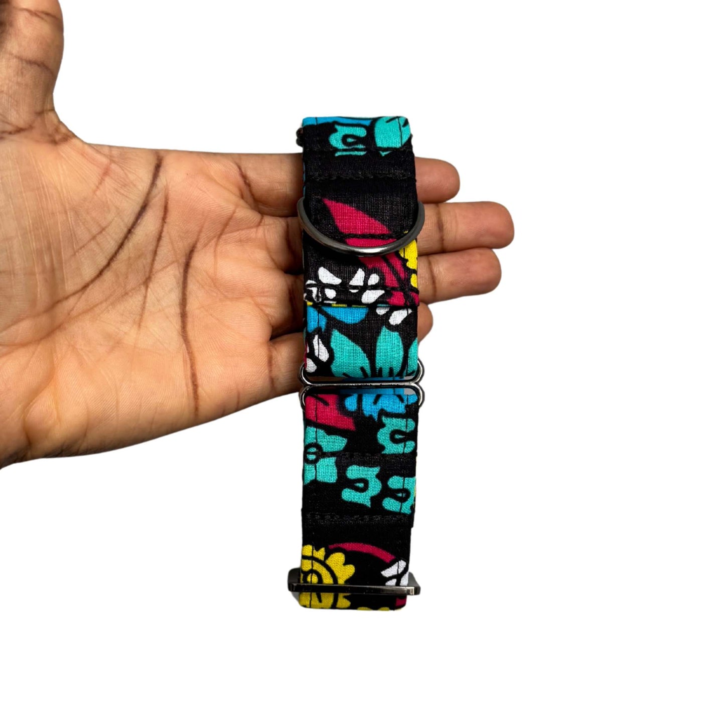 SADA black, teal, blue, fuchsia, white and yellow floral African print martingale dog collar by Bhooki, handmade in the UK