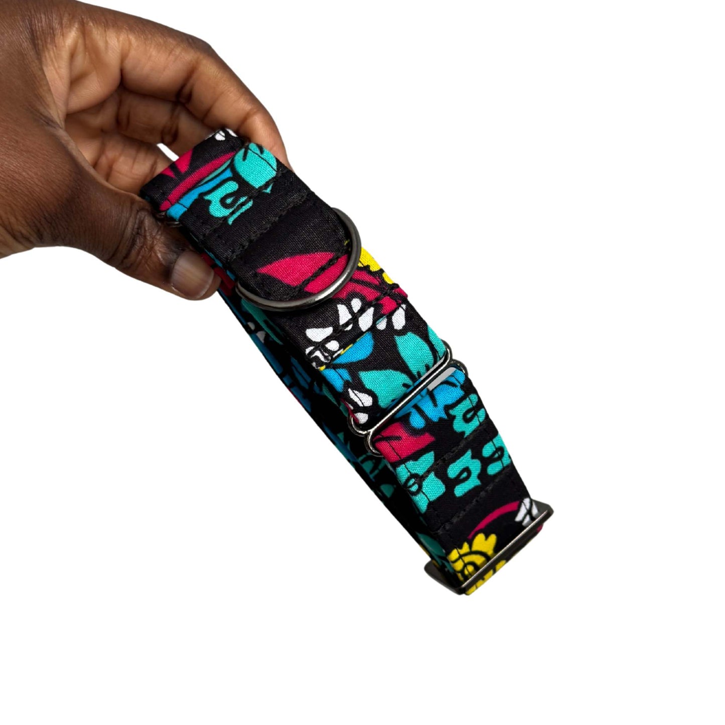 SADA black, teal, blue, fuchsia, white and yellow floral African print martingale dog collar by Bhooki, handmade in the UK
