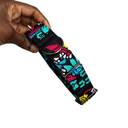 SADA black, teal, blue, fuchsia, white and yellow floral African print martingale dog collar by Bhooki, handmade in the UK