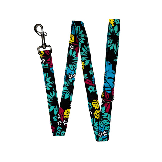 SADA black, teal, blue, fuchsia, white and yellow floral African print dog lead by Bhooki, handmade in the UK