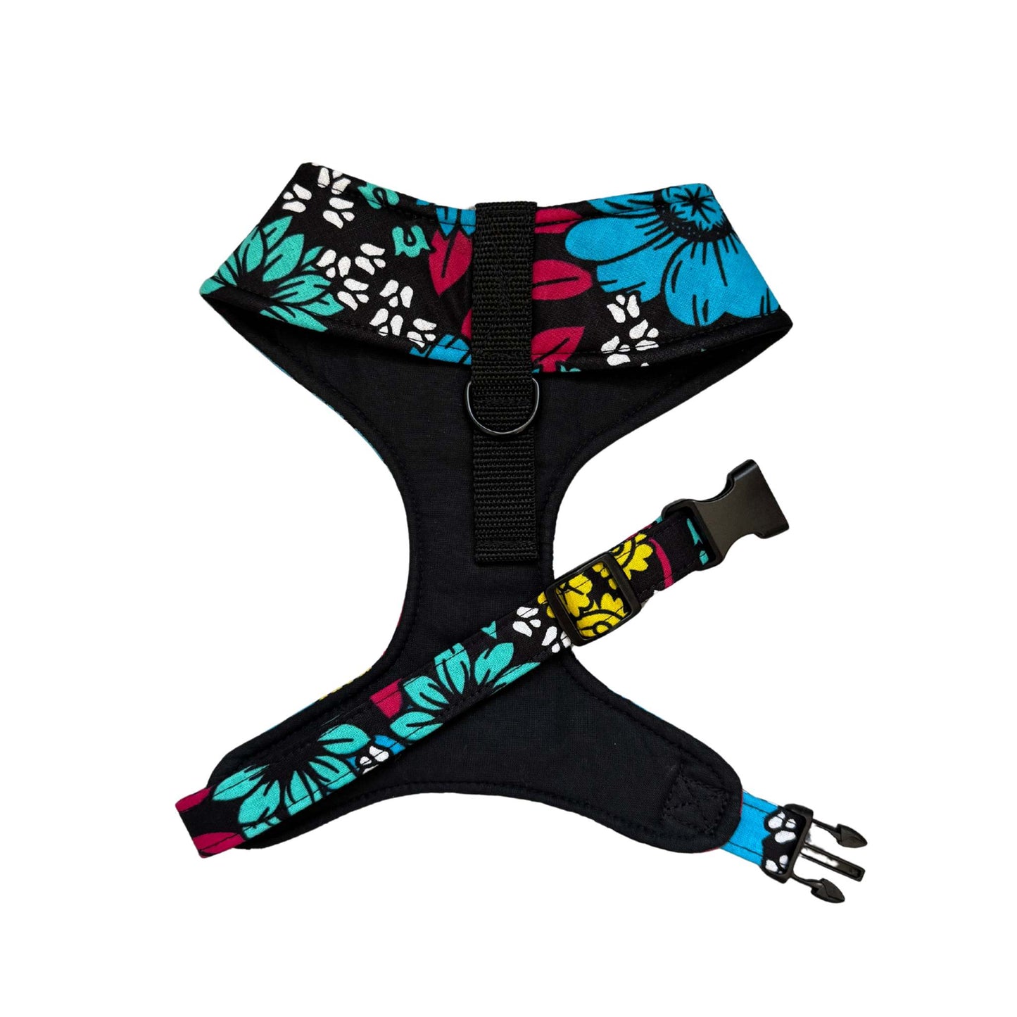 SADA black, teal, blue, fuchsia, white and yellow floral African print dog harness by Bhooki, handmade in the UK